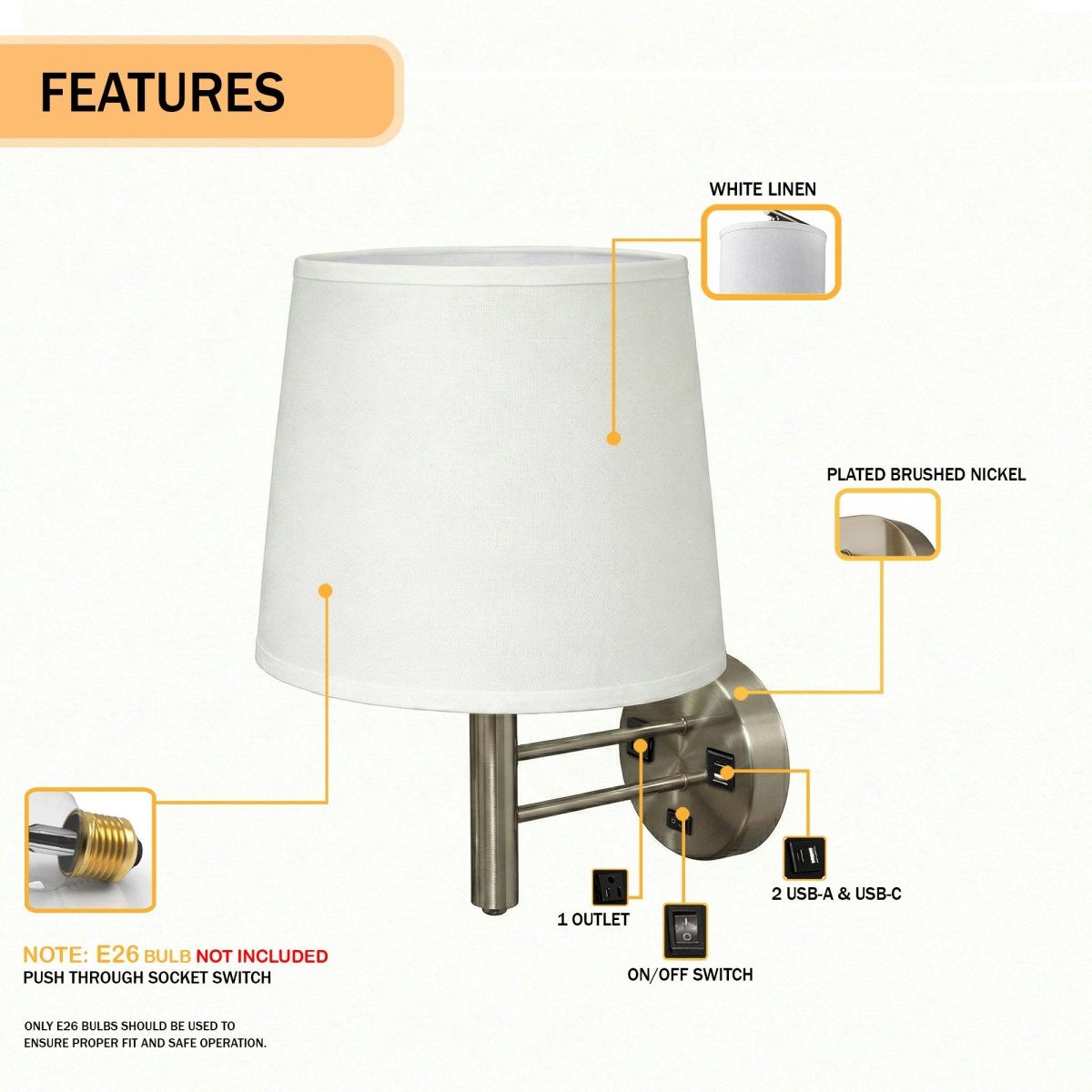 11″W x 16″H Single Wall Lamp with White Linen Shade – Brushed Nickel Finish - 4 Pack - LEDMyPlace