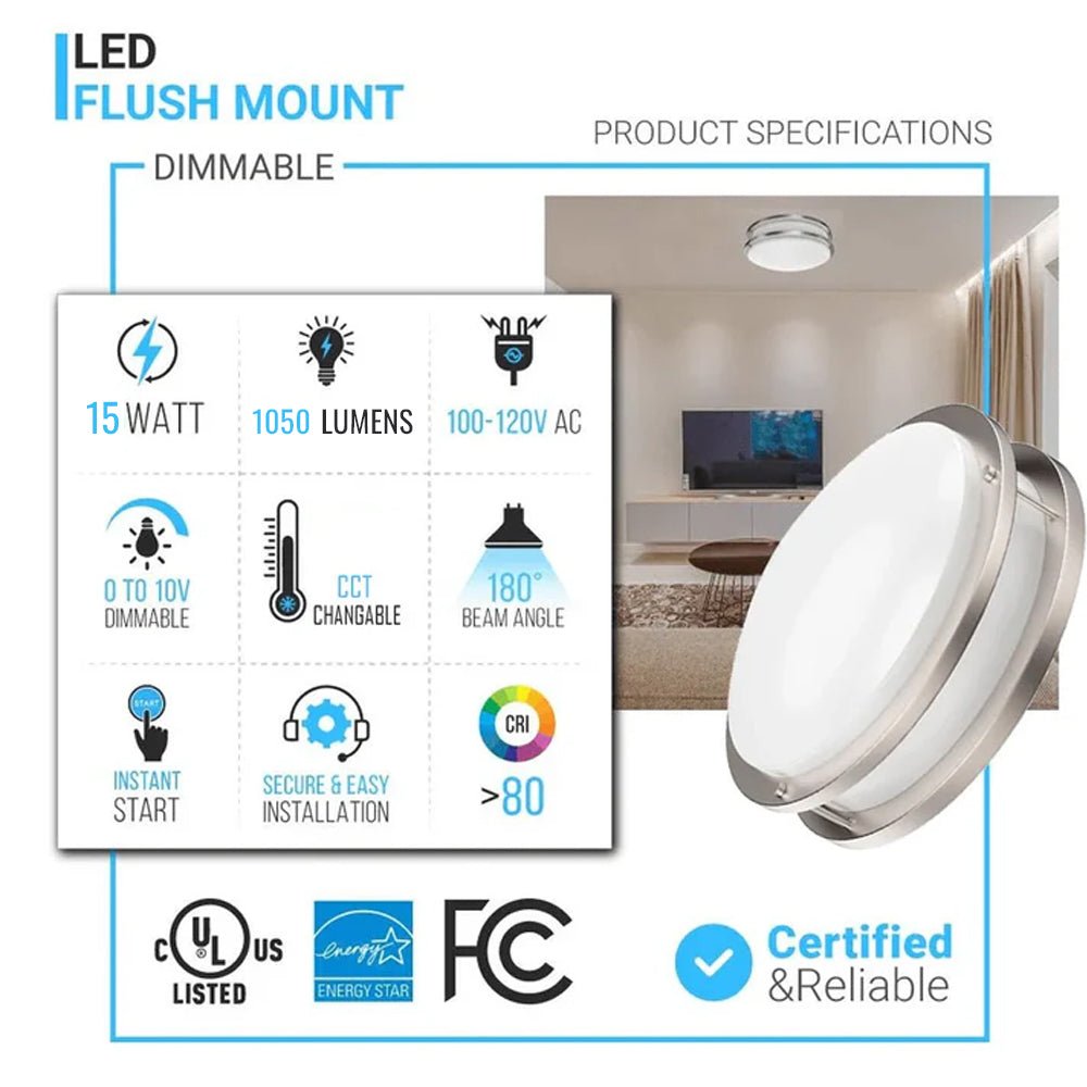 12 Inch Dimmable LED Flush Mount Ceiling Lights, Double Ring, 15W 1050LM, 2700K/3000K/3500K/4000K /5000K Changeable Ceiling Lights, Brushed Nickel Finish Ceiling Lamp For Kitchen Hallway Bedroom Laundry - LEDMyPlace