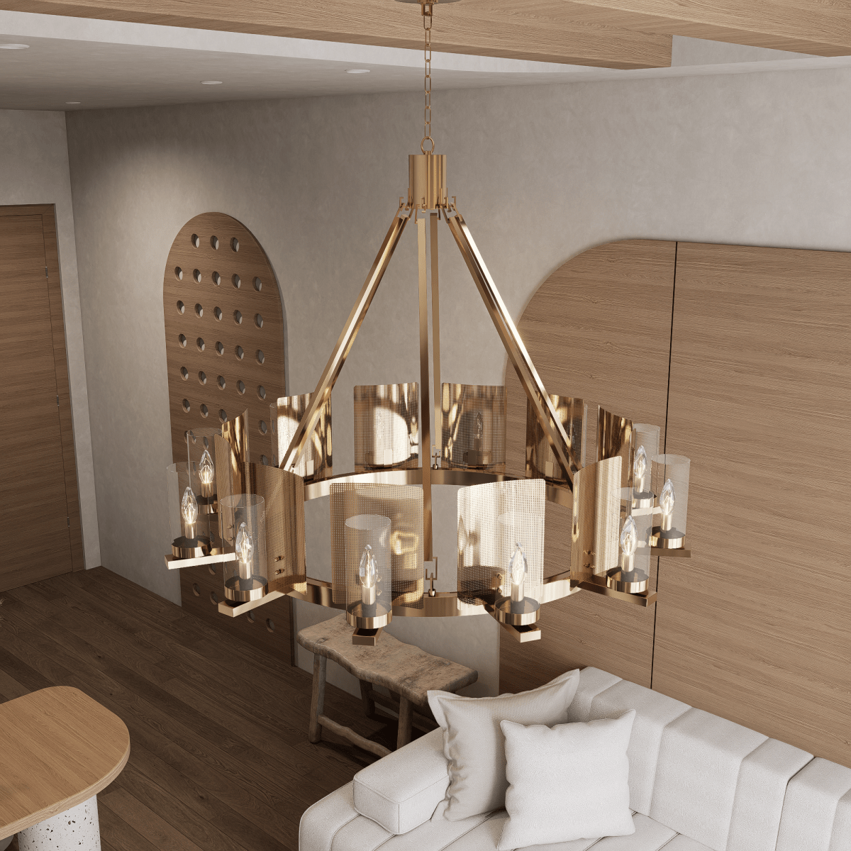 12 - Light Ring Chandelier Ceiling Light in Brass Finish with Clear Glass, 120V, Bulb Type B10, Socket Type E12, Max wattage Per Socket 60W - 50“D x 39”H - LEDMyPlace