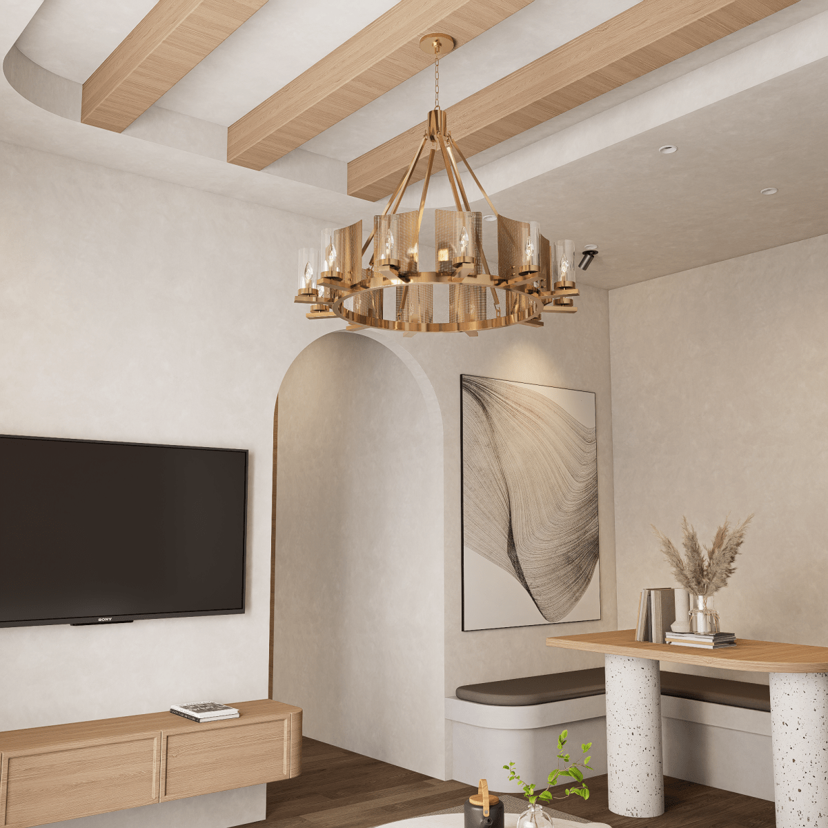 12 - Light Ring Chandelier Ceiling Light in Brass Finish with Clear Glass, 120V, Bulb Type B10, Socket Type E12, Max wattage Per Socket 60W - 50“D x 39”H - LEDMyPlace
