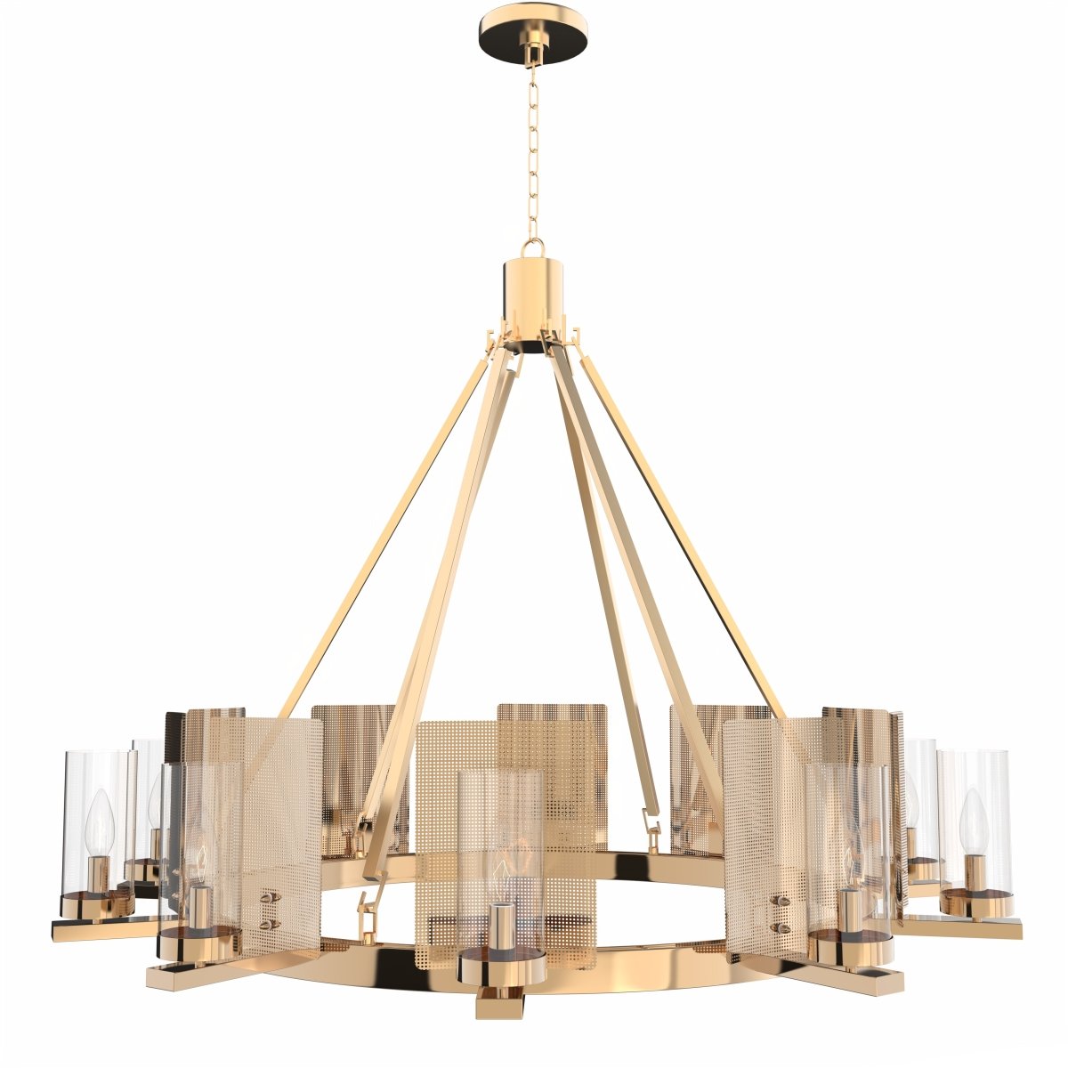 12 - Light Ring Chandelier Ceiling Light in Brass Finish with Clear Glass, Diam 50" Height 39", 120V, Bulb Type B10, Socket Type E12, Max wattage Per Socket 60W - LEDMyPlace