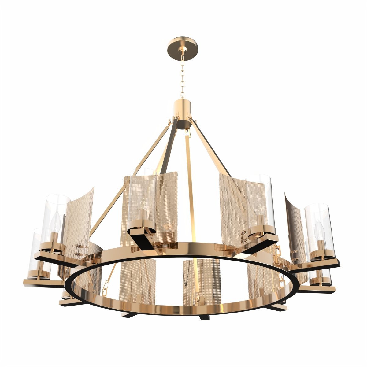 12 - Light Ring Chandelier Ceiling Light in Brass Finish with Clear Glass, Diam 50" Height 39", 120V, Bulb Type B10, Socket Type E12, Max wattage Per Socket 60W - LEDMyPlace
