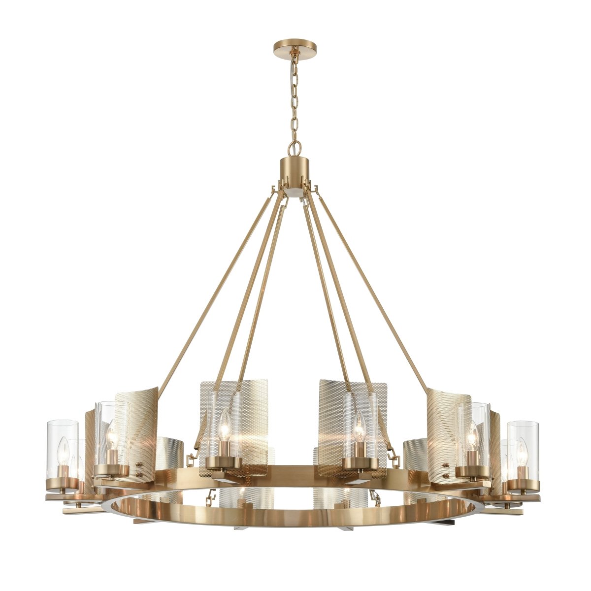 12 - Light Ring Chandelier Ceiling Light in Brass Finish with Clear Glass, Diam 50" Height 39", 120V, Bulb Type B10, Socket Type E12, Max wattage Per Socket 60W - LEDMyPlace