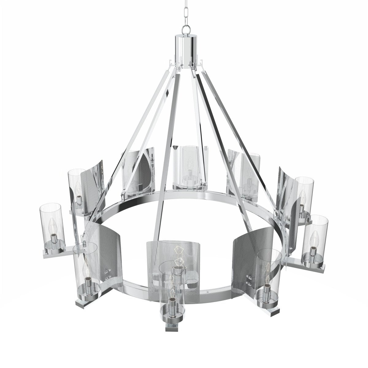 12 - Light Ring Chandelier Ceiling Light in Chrome Finish with Clear Glass, Diam 50" Height 39", 120V, Bulb Type B10, Socket Type E12, Max wattage Per Socket 60W - LEDMyPlace