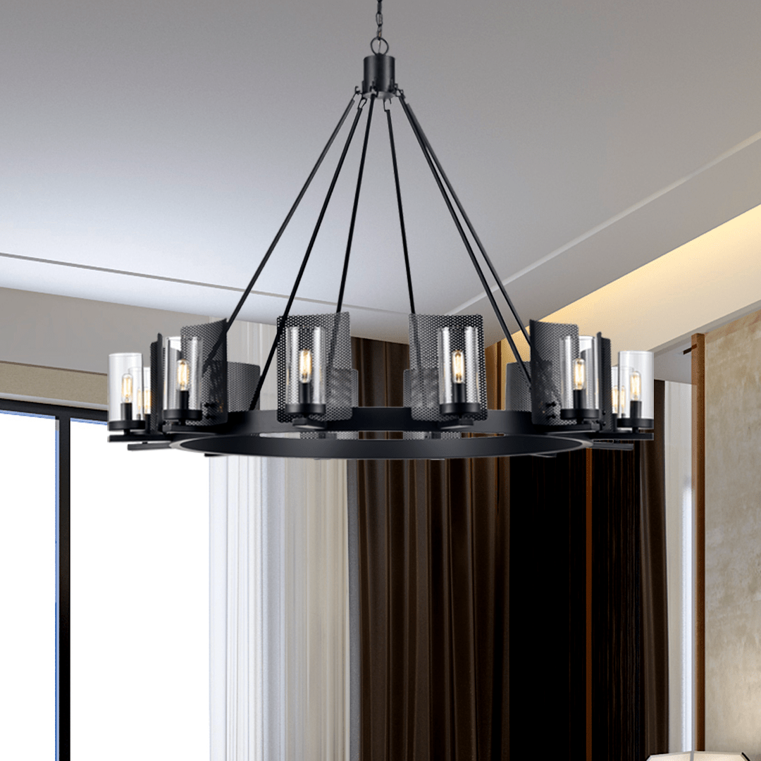 12 - Light Ring Chandelier Ceiling Light in Matte Black Finish with Clear Glass, Diam 50" Height 39", 120V, Bulb Type B10, Socket Type E12, Max wattage Per Socket 60W - LEDMyPlace