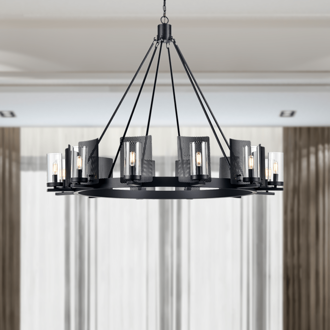 12 - Light Ring Chandelier Ceiling Light in Matte Black Finish with Clear Glass, Diam 50" Height 39", 120V, Bulb Type B10, Socket Type E12, Max wattage Per Socket 60W - LEDMyPlace
