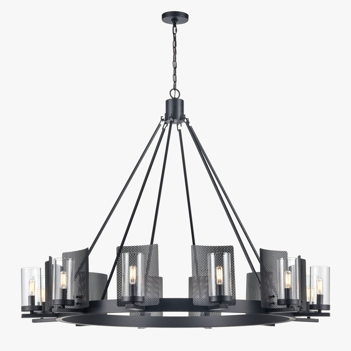 12 - Light Ring Chandelier Ceiling Light in Matte Black Finish with Clear Glass, Diam 50" Height 39", 120V, Bulb Type B10, Socket Type E12, Max wattage Per Socket 60W - LEDMyPlace