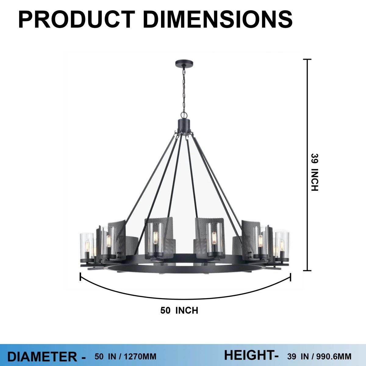 12 - Light Ring Chandelier Ceiling Light in Matte Black Finish with Clear Glass, Diam 50" Height 39", 120V, Bulb Type B10, Socket Type E12, Max wattage Per Socket 60W - LEDMyPlace
