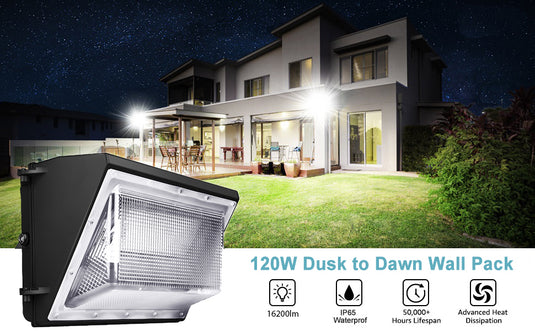 LED Wall Pack Light with Dusk-to-Dawn Sensor 120W 5700K 16300LM, Forward Throw, Outdoor Waterproof Wall Mount Security Light, UL, DLC Premium