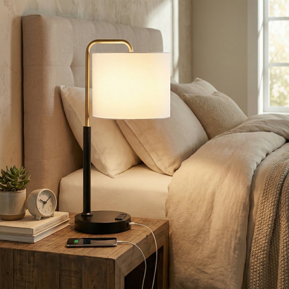 12″D x 23″H Modern Desk Lamp with White Linen Shade – Black or Brushed Brass Finish - 4 Pack - LEDMyPlace