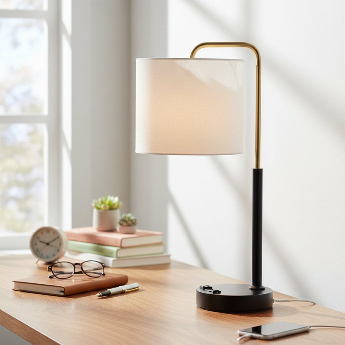 12″D x 23″H Modern Desk Lamp with White Linen Shade – Black or Brushed Brass Finish - 4 Pack - LEDMyPlace