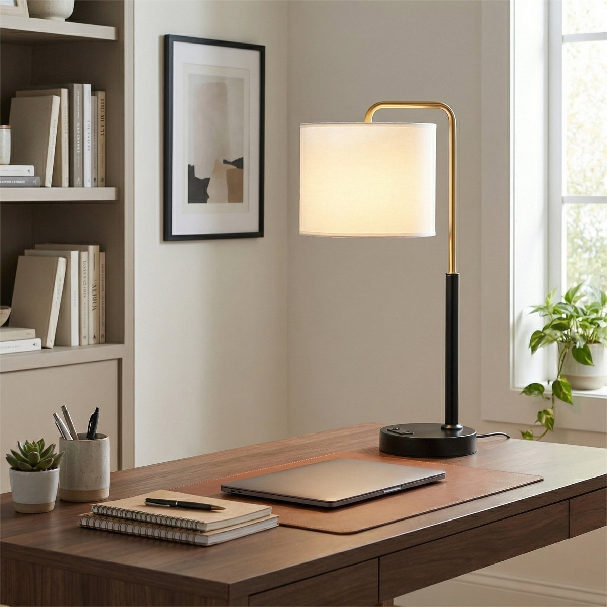 12″D x 23″H Modern Desk Lamp with White Linen Shade – Black or Brushed Brass Finish - 4 Pack - LEDMyPlace