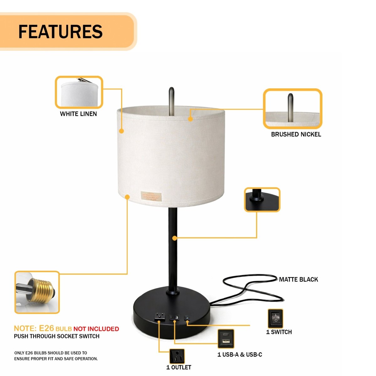 12″D x 23″H Modern Desk Lamp with White Linen Shade – Black or Brushed Brass Finish - 4 Pack - LEDMyPlace