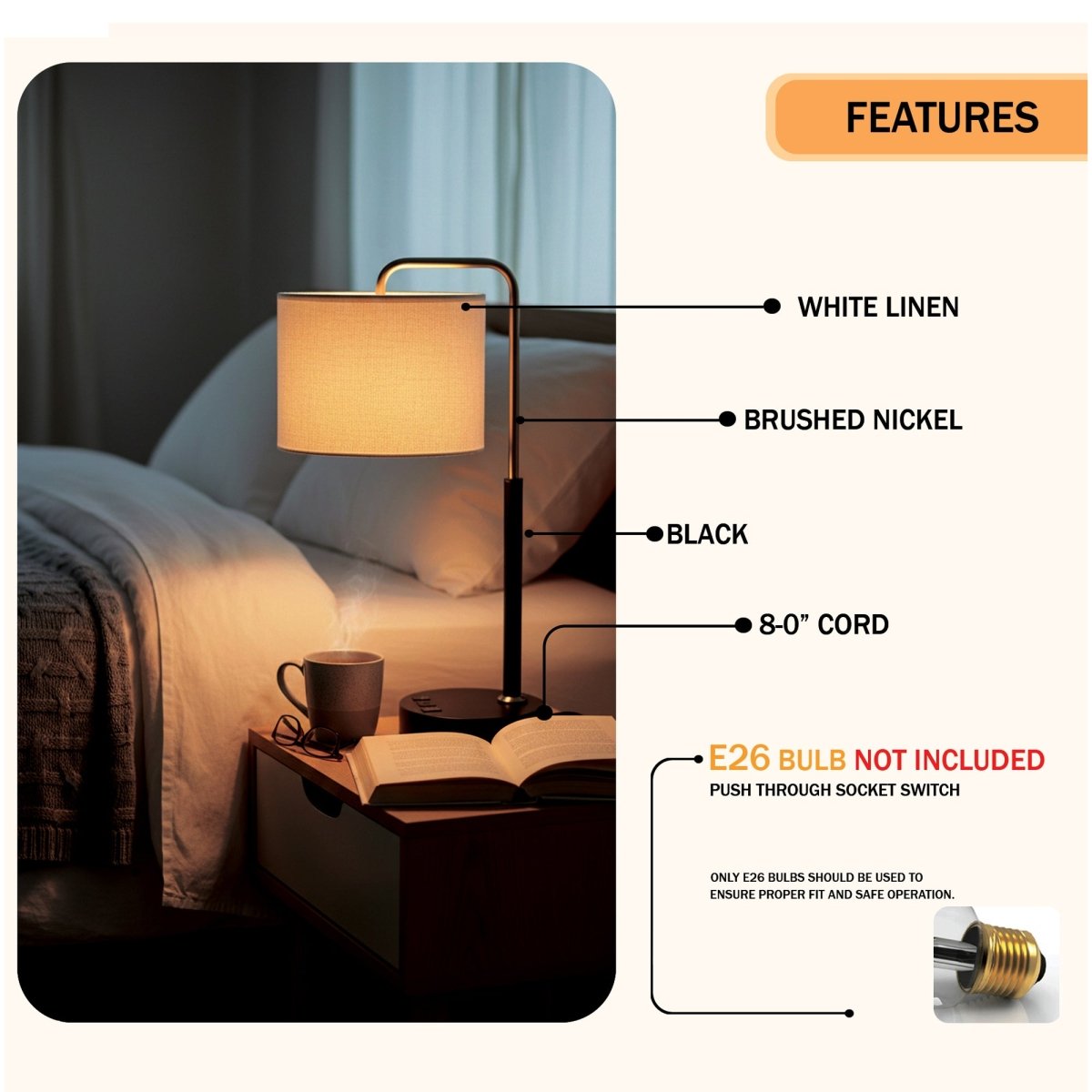 12″D x 23″H Modern Desk Lamp with White Linen Shade – Black or Brushed Brass Finish - 4 Pack - LEDMyPlace
