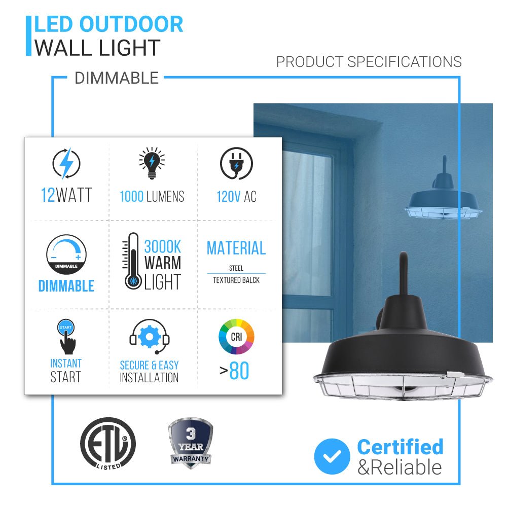 12W Textured Black Gooseneck LED Outdoor Wall Light with Nickel Cage, 3000K (Warm White), Dimmable, 1000 Lumens, ETL Listed - LEDMyPlace
