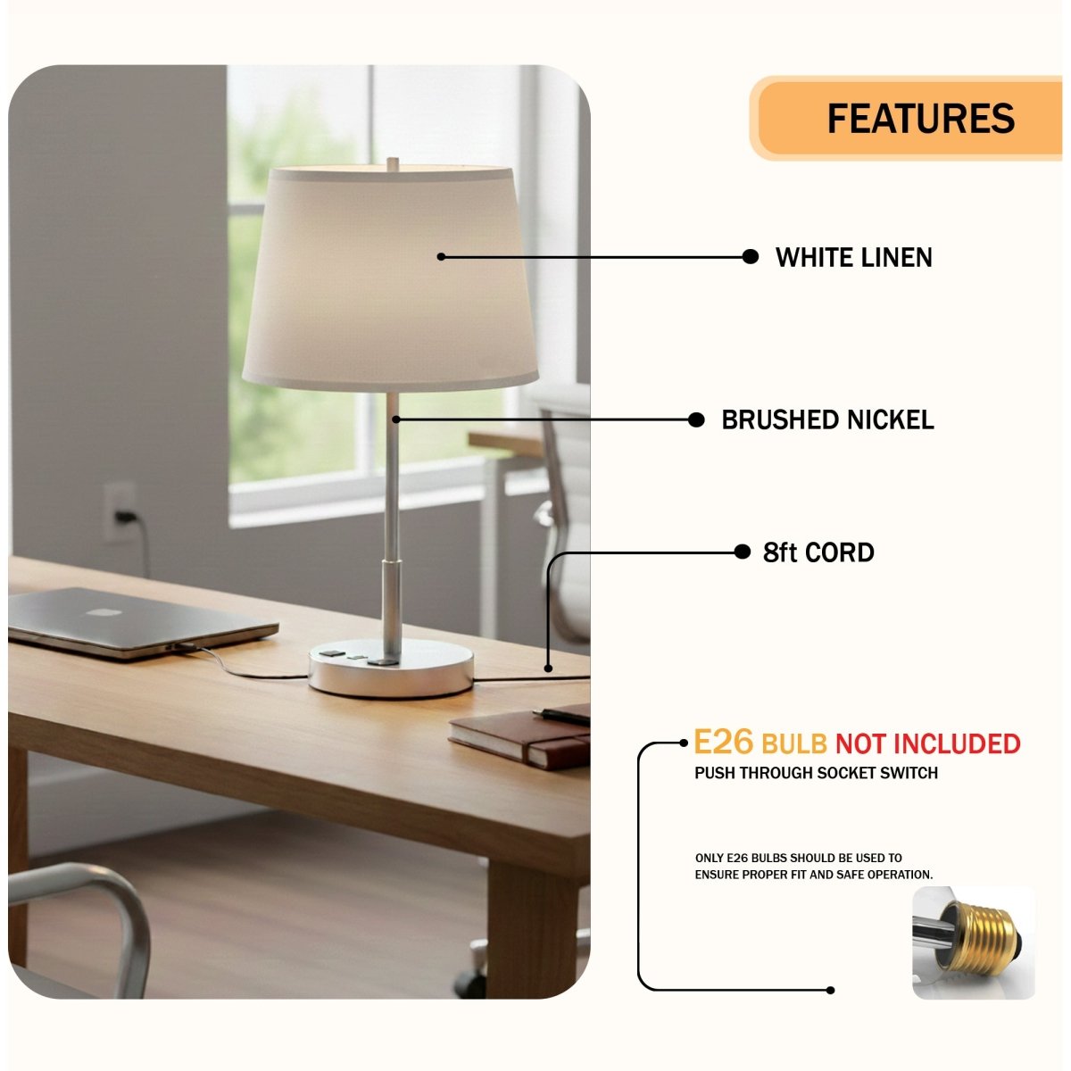 14" Dia x 24.5"H Modern Table Lamp with White Linen Shade – Brushed Nickel Finish - 4 Pack - LEDMyPlace