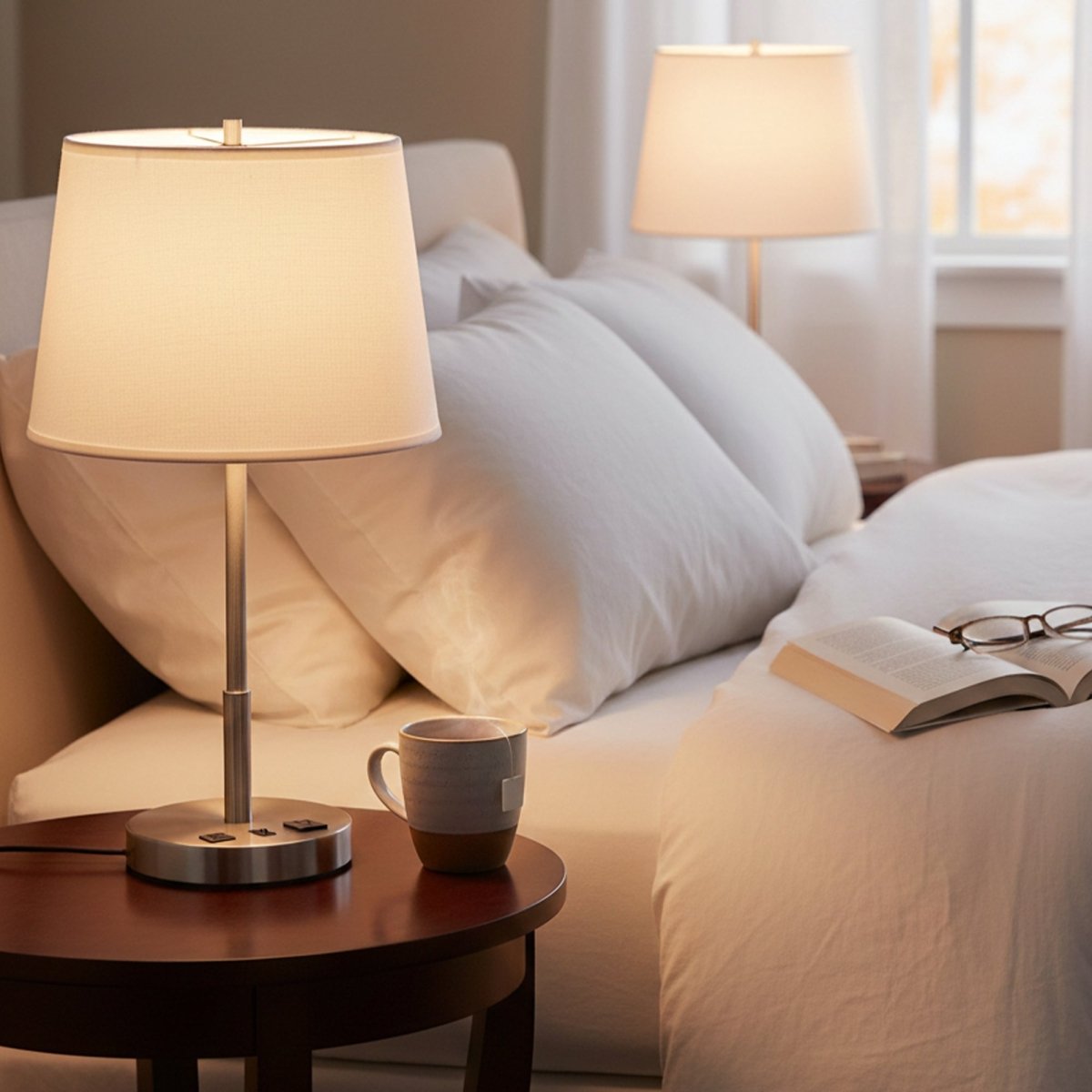 14" Dia x 24.5"H Modern Table Lamp with White Linen Shade – Brushed Nickel Finish - 4 Pack - LEDMyPlace