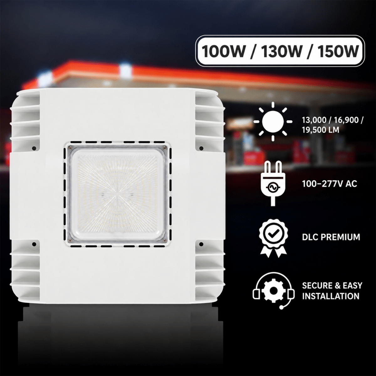 150/130/100 Watt LED Canopy Light, 3500K/4000K /5000K, 13,000/16,900 /19,500LM, AC100-277V, DLC Premium Recessed Surface Mount, For High Bay Carport, Gas Stations, Indoor Parking, Underpasses, Loading Docks, Outdoor Area Light - LEDMyPlace