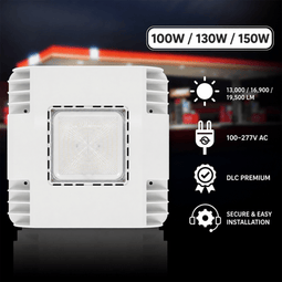 150/130/100 Watt LED Canopy Light, 3500K/4000K /5000K, 13,000/16,900 /19,500LM, AC100-277V, DLC Premium Recessed Surface Mount, For High Bay Carport, Gas Stations, Indoor Parking, Underpasses, Loading Docks, Outdoor Area Light