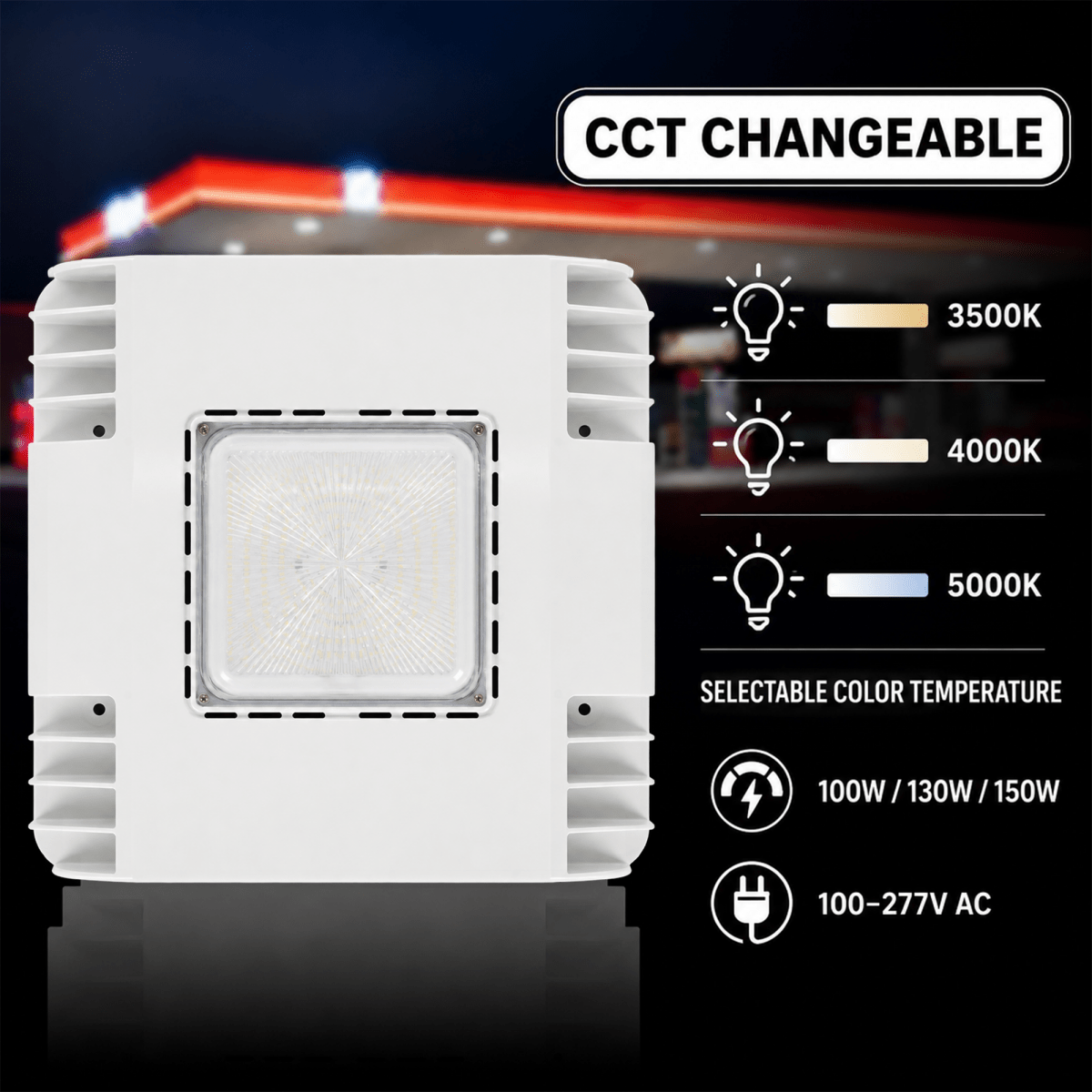 150/130/100 Watt LED Canopy Light, 3500K/4000K /5000K, 13,000/16,900 /19,500LM, AC100-277V, DLC Premium Recessed Surface Mount, For High Bay Carport, Gas Stations, Indoor Parking, Underpasses, Loading Docks, Outdoor Area Light - LEDMyPlace