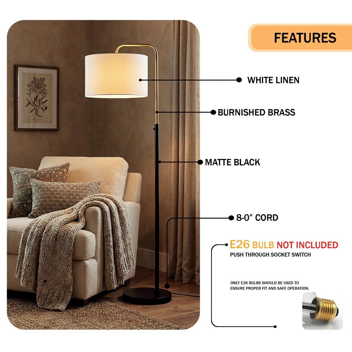 15″W x 60″H Floor Lamp with White Linen Shade – Black or Brushed Brass Finish - 2 Pack - LEDMyPlace