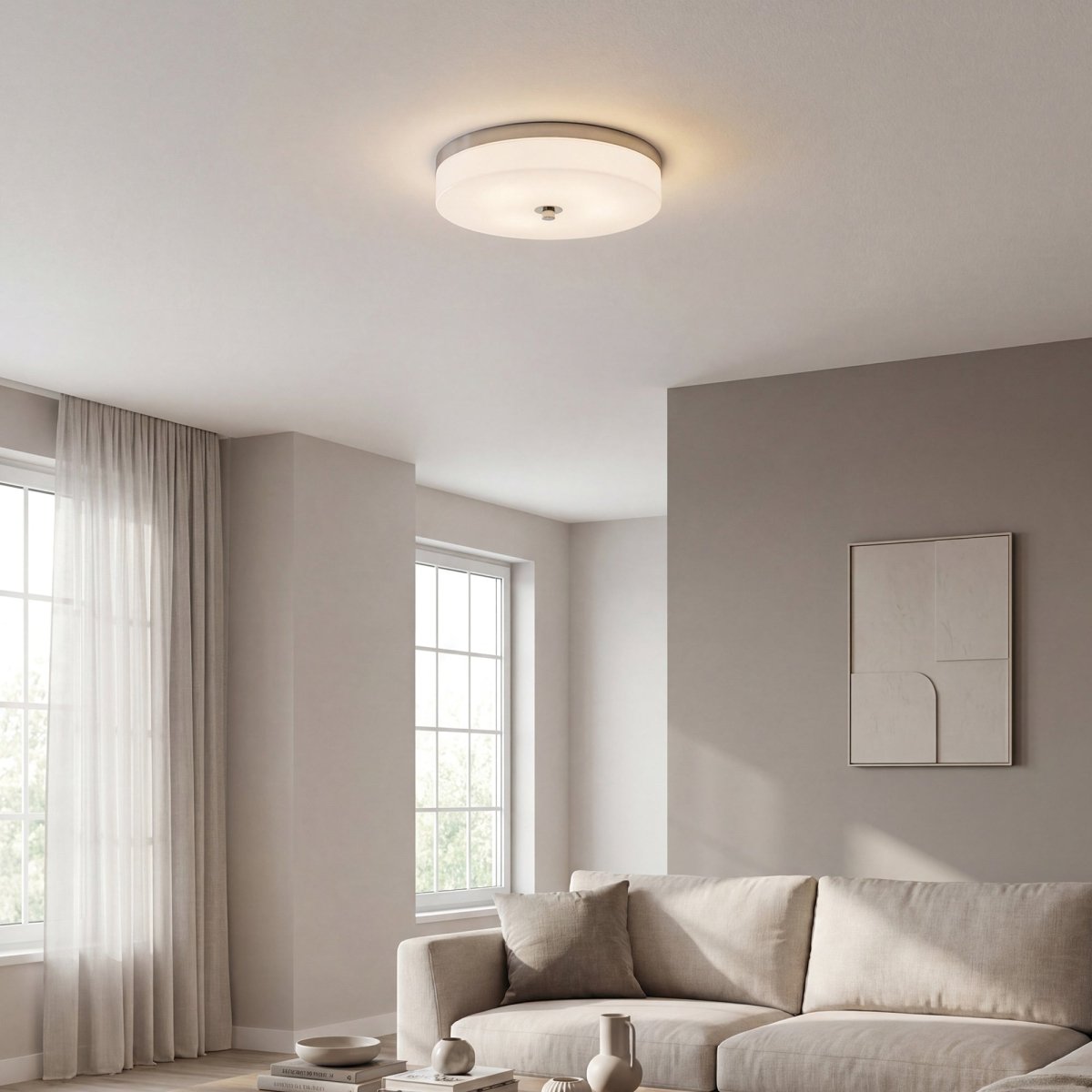 16″Dia x 3.625″H LED Ceiling Light with Frosted White Acrylic Shade – Brushed Nickel Finish - LEDMyPlace