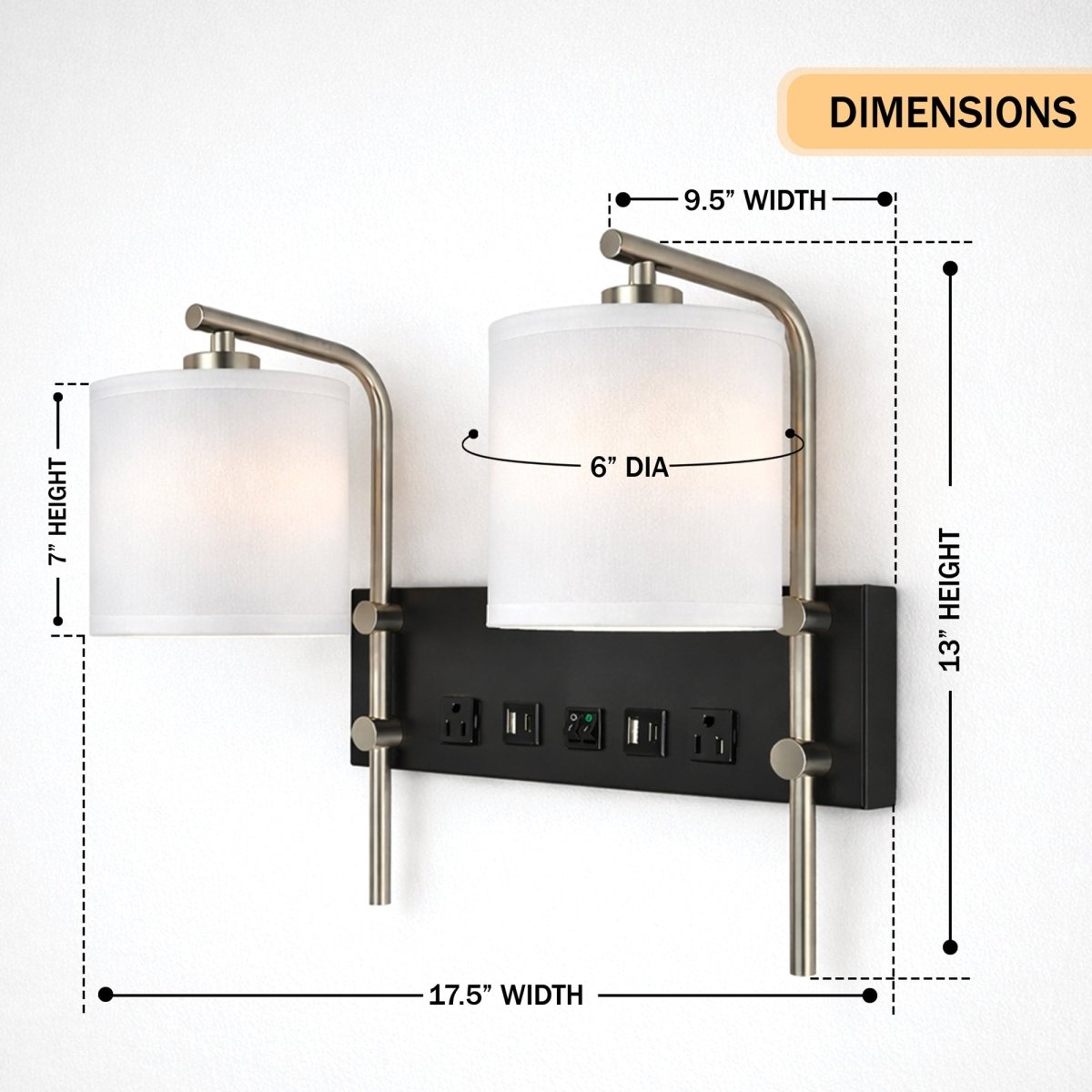 17.5″W x 13″H Double Wall Lamp with White Linen Shades – Matte Black or Brushed Nickel Finish - 2 Pack - LEDMyPlace