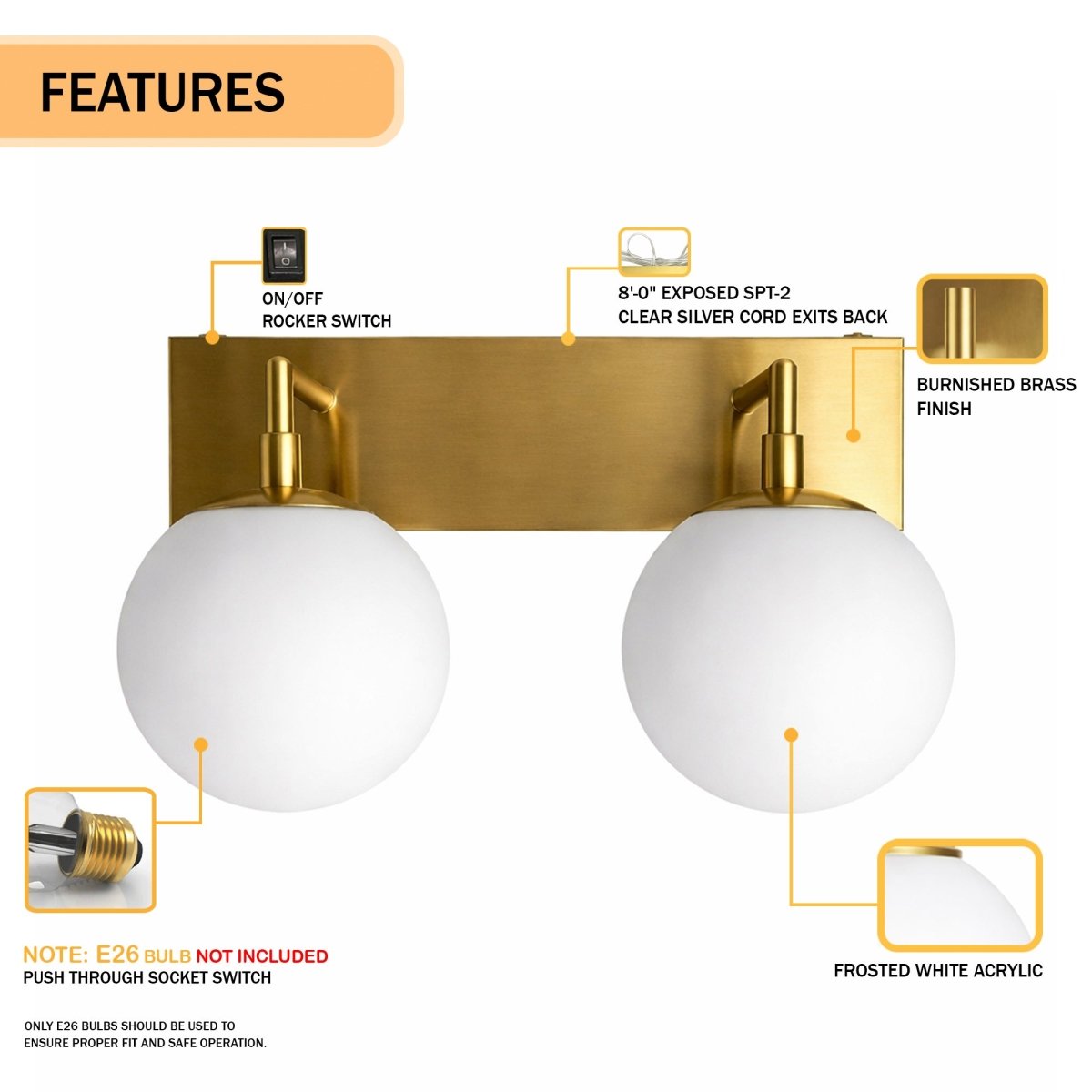 18″W x 10″H x 8″E Burnished Brass Double Wall Sconce with Dual Frosted White Acrylic Shades and 2×E26 Rocker - Switch Lights - 2 Pack - LEDMyPlace