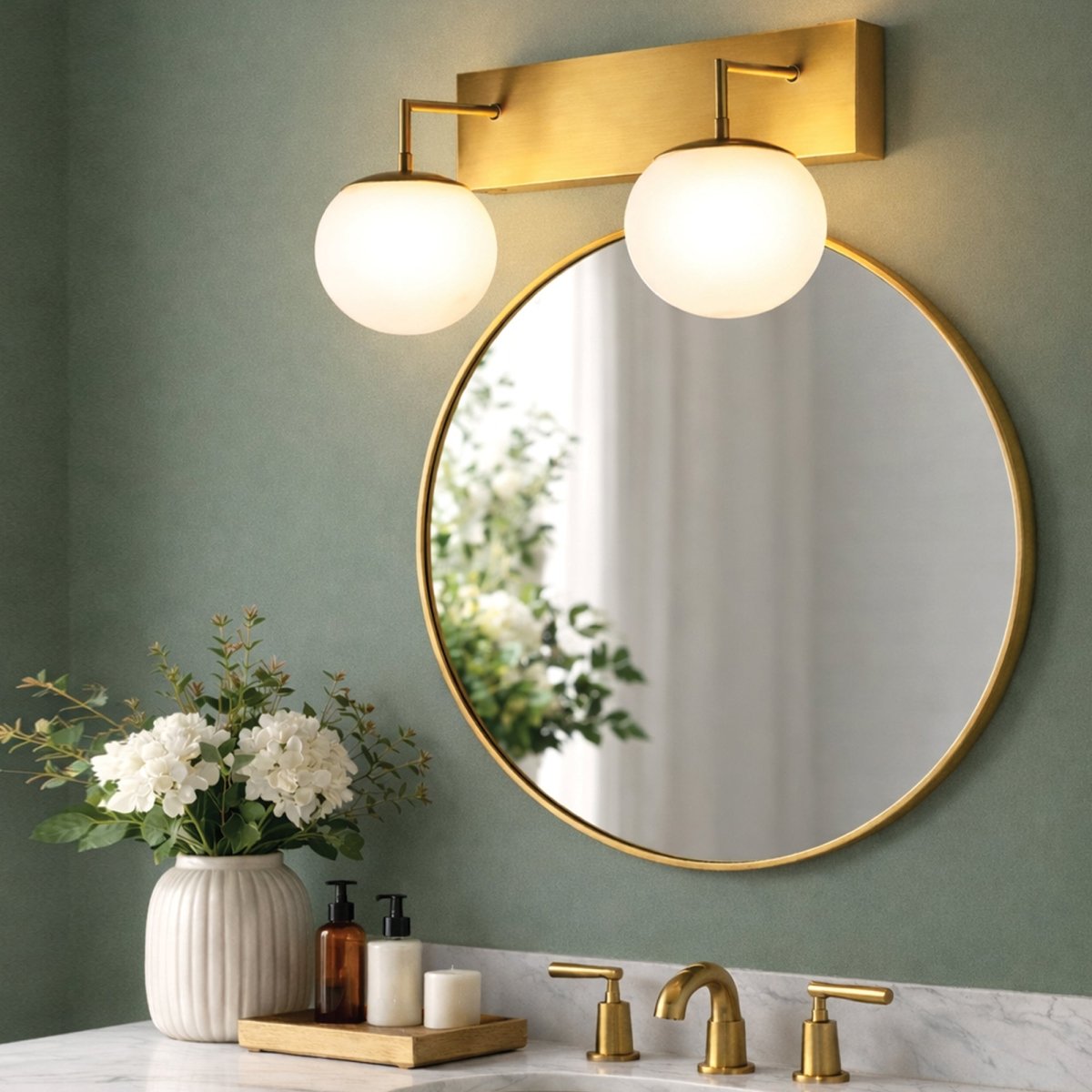 18″W x 10″H x 8″E Burnished Brass Double Wall Sconce with Dual Frosted White Acrylic Shades and 2×E26 Rocker - Switch Lights - 2 Pack - LEDMyPlace