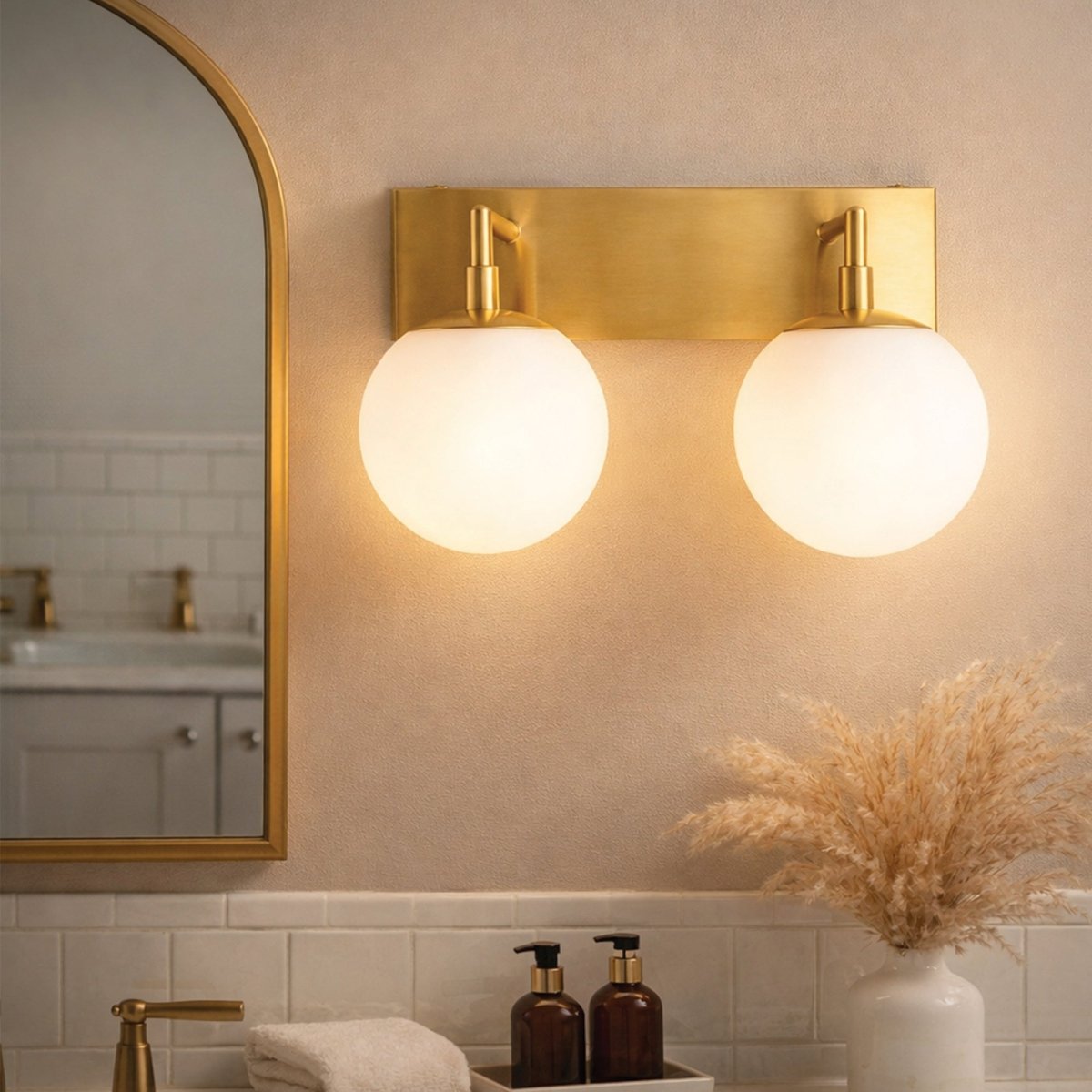 18″W x 10″H x 8″E Burnished Brass Double Wall Sconce with Dual Frosted White Acrylic Shades and 2×E26 Rocker - Switch Lights - 2 Pack - LEDMyPlace