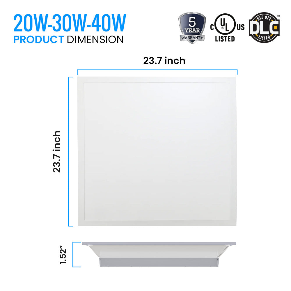 2 ft. x 2 ft. LED Flat Panel Light 20W/30W/40W Wattage Adjustable, 4000k/5000K/6500K CCT Changeable, Dip Switch, 0-10V Dim, 120-277V, ETL, DLC 5.1, Recessed Back-lit Fixture