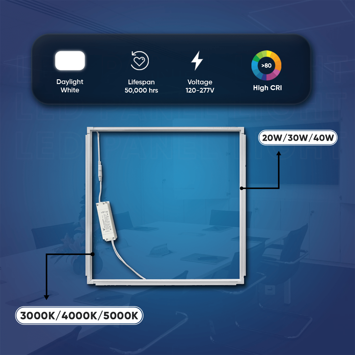 2 ft. x 2 ft. LED T - Bar Panel Light, 20W/30W/40W Wattage adjustable, 3000K/4000K/5000K CCT Changeable, 4800LM, >80 CRI, Dimmable, ETL, DLC Listed, For Offices, Schools, Hospitality, Retail - LEDMyPlace