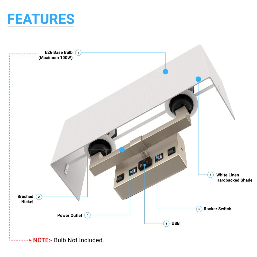 2 - Light, Wall Sconce for Bedroom with 2 Switch, 2 USB, 2 Type C & 1 Outlet, White Fabric / Acrylic Shade, Wall Mounted Lamps for Hotel, Corridor and Restaurant - LEDMyPlace