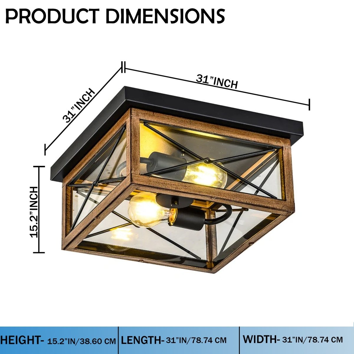 2 - Lights Indoor Outdoor Flush Mount Ceiling Lamp Farmhouse Close to Ceiling Light Fixtures with Wood Texture Finish for Kitchen Dining Room Bedroom Porch Hallway Entryway - 31"L x 31"W x 15.2"H - LEDMyPlace