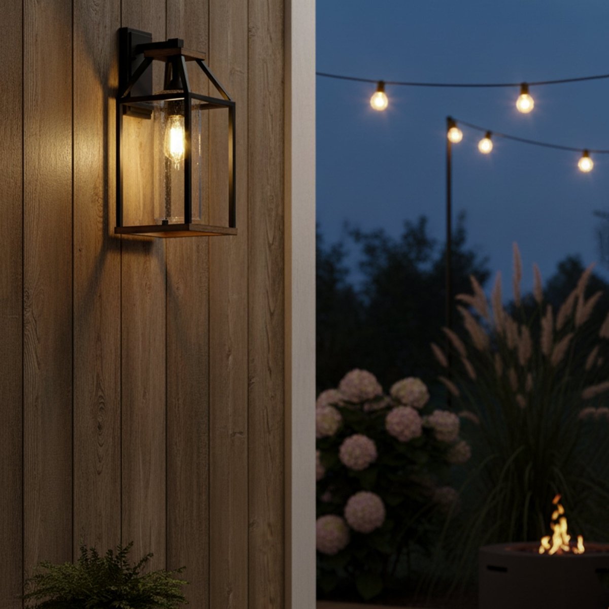20 - in Black and Wood Outdoor Farmhouse Wall Lantern, 1 - Light Wall Lamp Sconce, Clear Seeded Glass - 8.82"L x 7.87"W x 18.74"H - LEDMyPlace