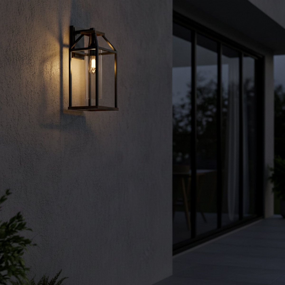 20 - in Black and Wood Outdoor Farmhouse Wall Lantern, 1 - Light Wall Lamp Sconce, Clear Seeded Glass - 8.82"L x 7.87"W x 18.74"H - LEDMyPlace
