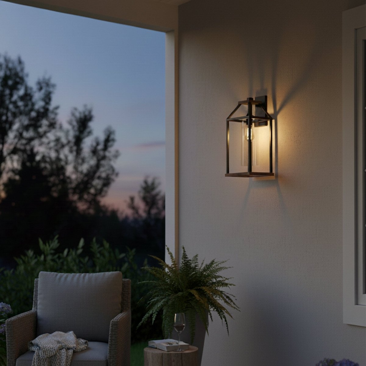 20 - in Black and Wood Outdoor Farmhouse Wall Lantern, 1 - Light Wall Lamp Sconce, Clear Seeded Glass - 8.82"L x 7.87"W x 18.74"H - LEDMyPlace