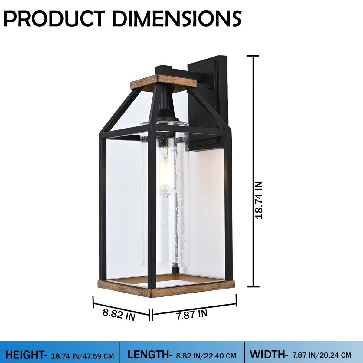 20 - in Black and Wood Outdoor Farmhouse Wall Lantern, 1 - Light Wall Lamp Sconce, Clear Seeded Glass - 8.82"L x 7.87"W x 18.74"H - LEDMyPlace
