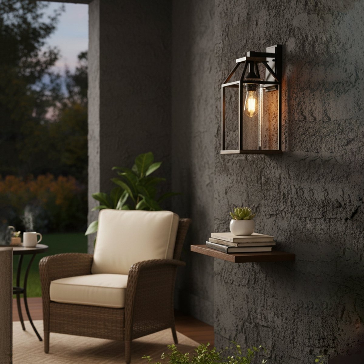 20 - in Black and Wood Outdoor Farmhouse Wall Lantern, 1 - Light Wall Lamp Sconce, Clear Seeded Glass - 8.82"L x 7.87"W x 18.74"H - LEDMyPlace