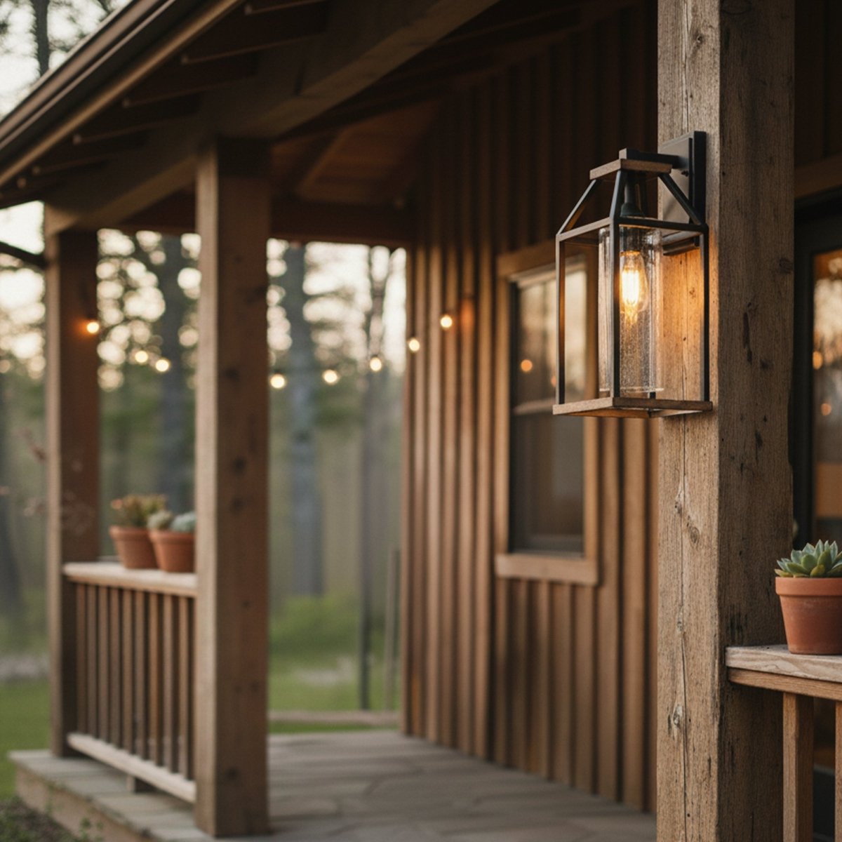 20 - in Black and Wood Outdoor Farmhouse Wall Lantern, 1 - Light Wall Lamp Sconce, Clear Seeded Glass - 8.82"L x 7.87"W x 18.74"H - LEDMyPlace