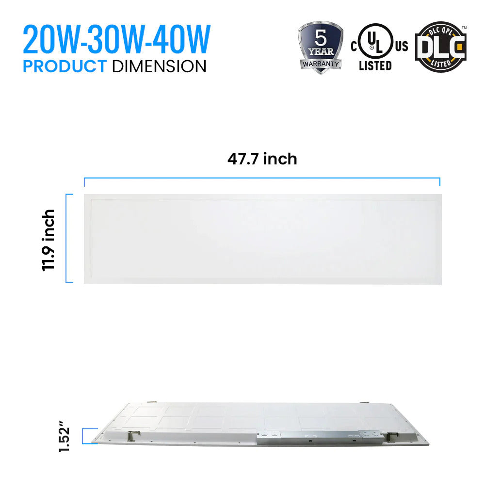 1 ft. x 4 ft. LED Flat Panel Light 20W/30W/40W Wattage Adjustable, 4000k/5000K/6500K CCT Changeable, Dip Switch, 0-10V Dim, 120-277V, ETL, DLC 5.1, Recessed Back-lit Fixture