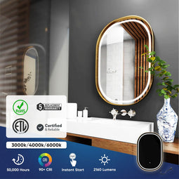 24 in. X 36 in. LED Lighted Bathroom Mirror with Gold Frame, Touch Sensor Switch and CCT Remembrance, CRI 90+, Evo Style