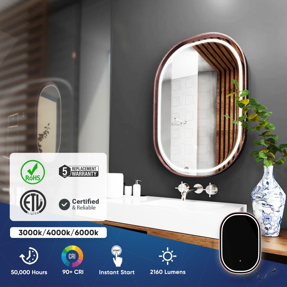 24 in. X 36 in. LED Lighted Bathroom Vanity Mirror with Rose Gold Frame, Anti - Fog, CRI 90+, Adjustable Color Temperature & Remembrance, Lighted Makeup Mirrors, Evo Style - LEDMyPlace