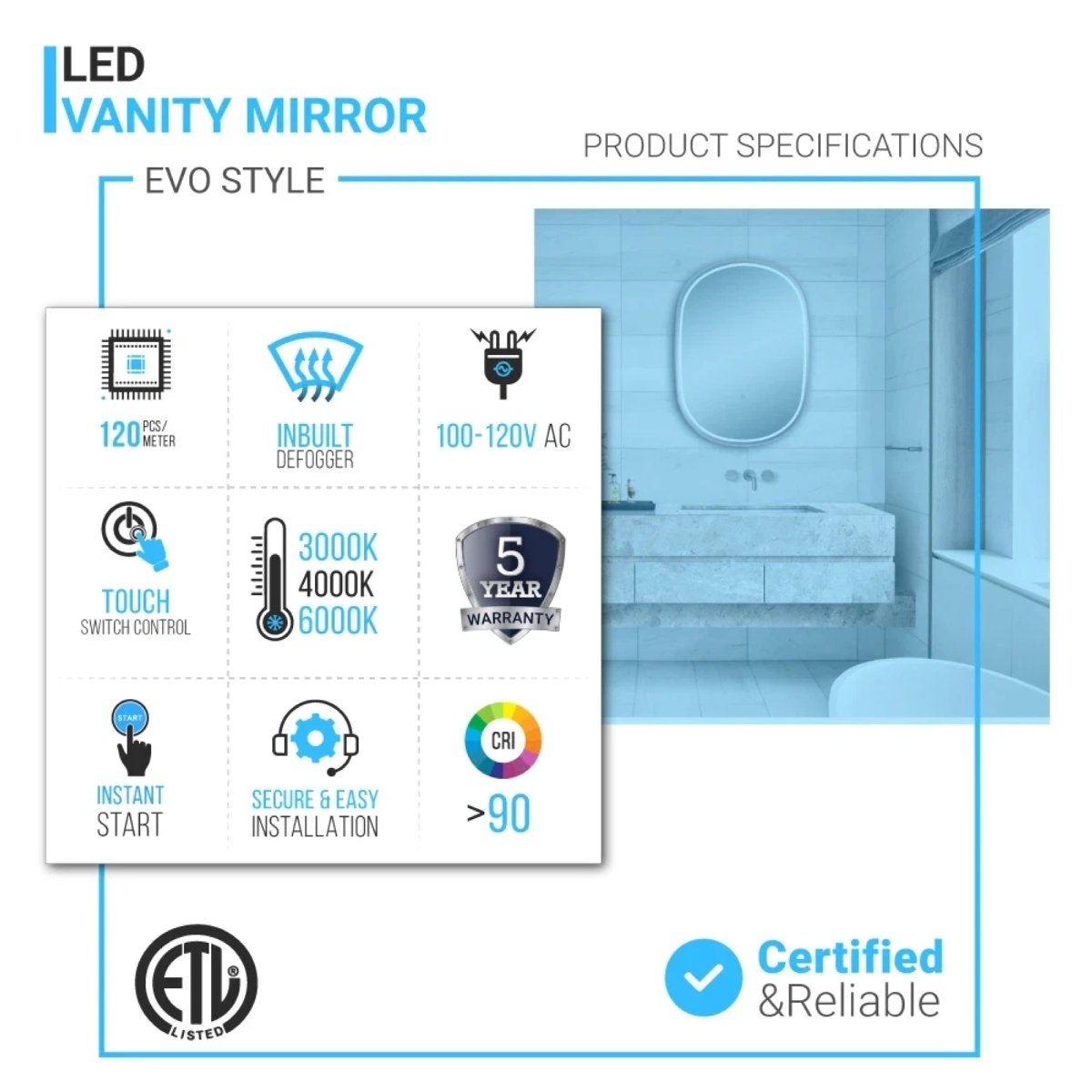 24 in. X 36 in. LED Lighted Bathroom Vanity Mirror with Rose Gold Frame, Anti - Fog, CRI 90+, Adjustable Color Temperature & Remembrance, Lighted Makeup Mirrors, Evo Style - LEDMyPlace