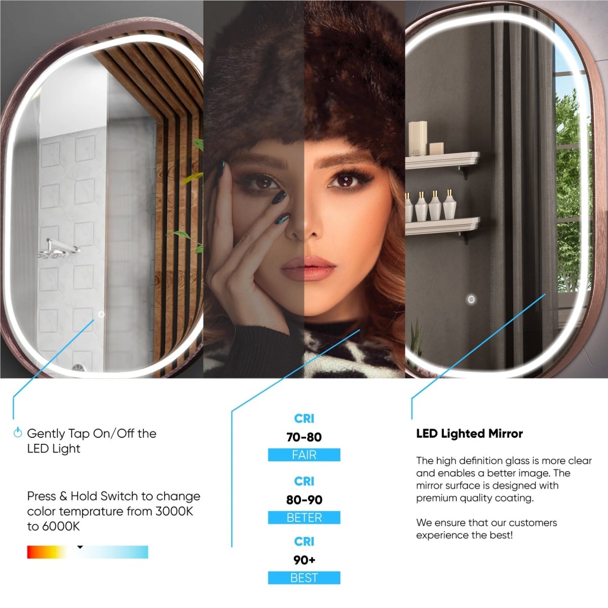 24 in. X 36 in. LED Lighted Bathroom Vanity Mirror with Rose Gold Frame, Anti - Fog, CRI 90+, Adjustable Color Temperature & Remembrance, Lighted Makeup Mirrors, Evo Style - LEDMyPlace