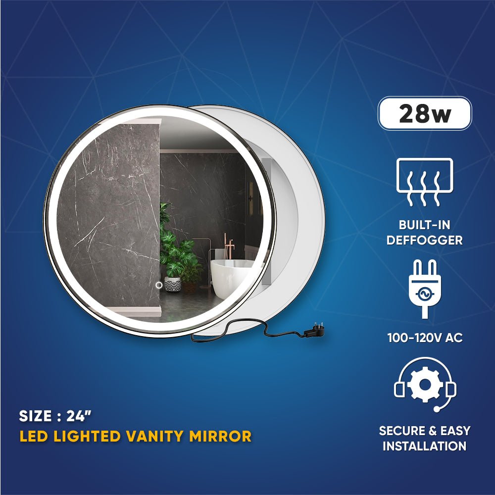 24 Inch Round LED Lighted Bathroom Vanity Mirror with Shelf, Touch Switch, Defogger and CCT Remembrance, CRI 90+, Raven Round Style - LEDMyPlace
