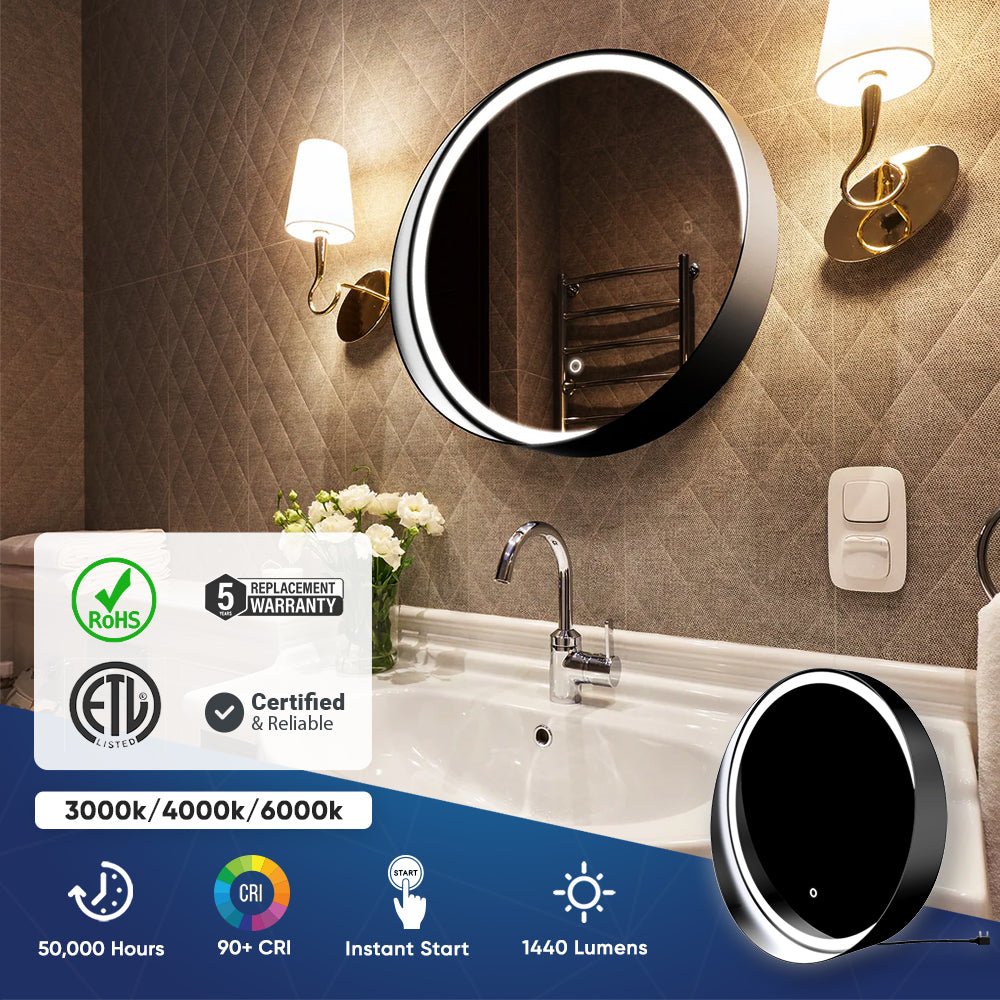 24 Inch Round LED Lighted Bathroom Vanity Mirror with Shelf, Touch Switch, Defogger and CCT Remembrance, CRI 90+, Raven Round Style - LEDMyPlace