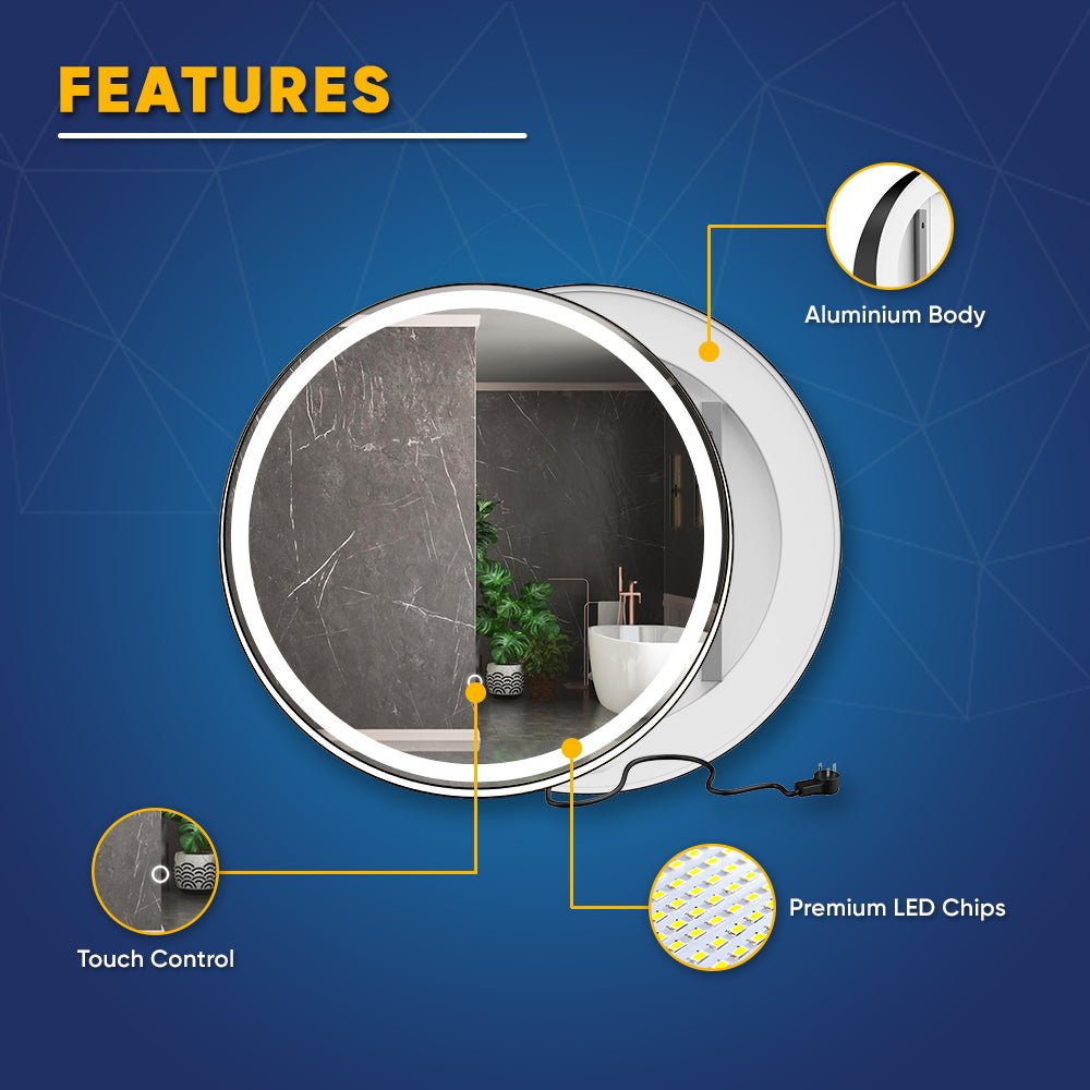 24 Inch Round LED Lighted Bathroom Vanity Mirror with Shelf, Touch Switch, Defogger and CCT Remembrance, CRI 90+, Raven Round Style - LEDMyPlace