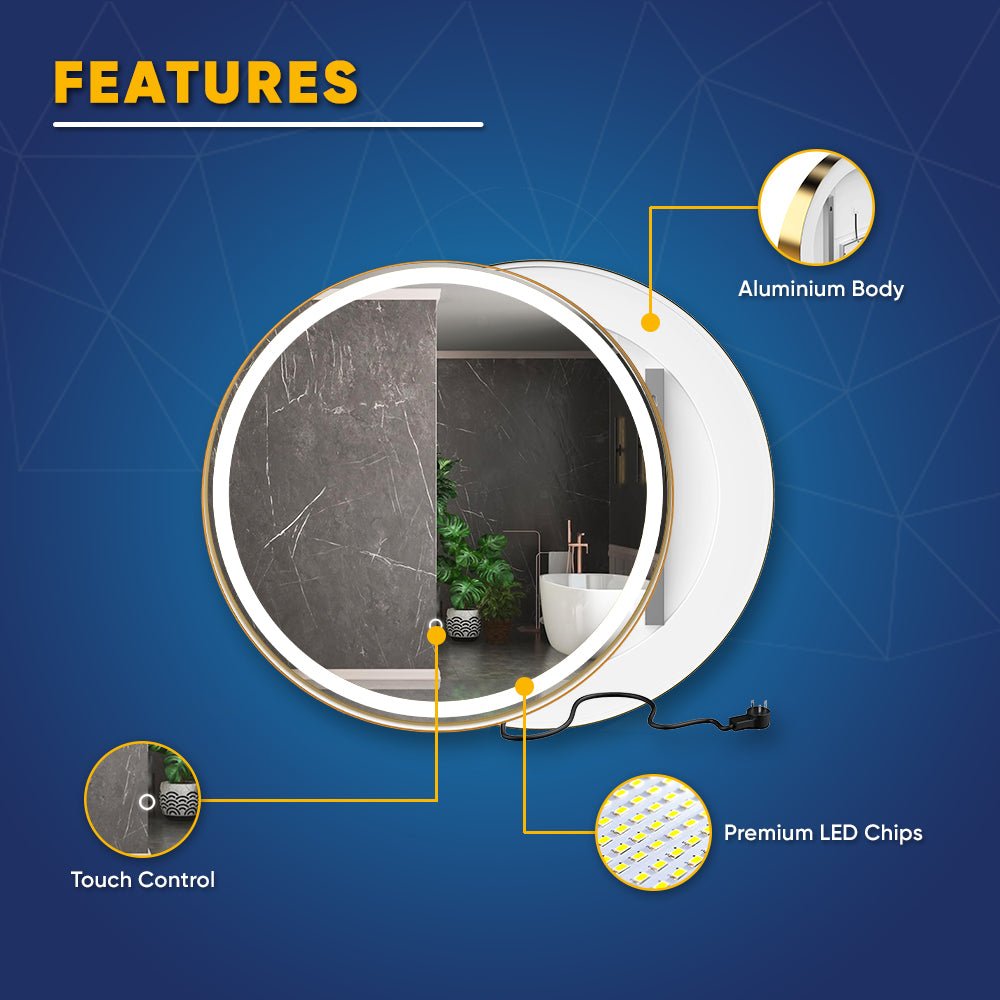 24 Inch Round LED Lighted Bathroom Vanity Mirror with Shelf, Touch Switch, Defogger and CCT Remembrance, CRI 90+, Raven Round Style - LEDMyPlace