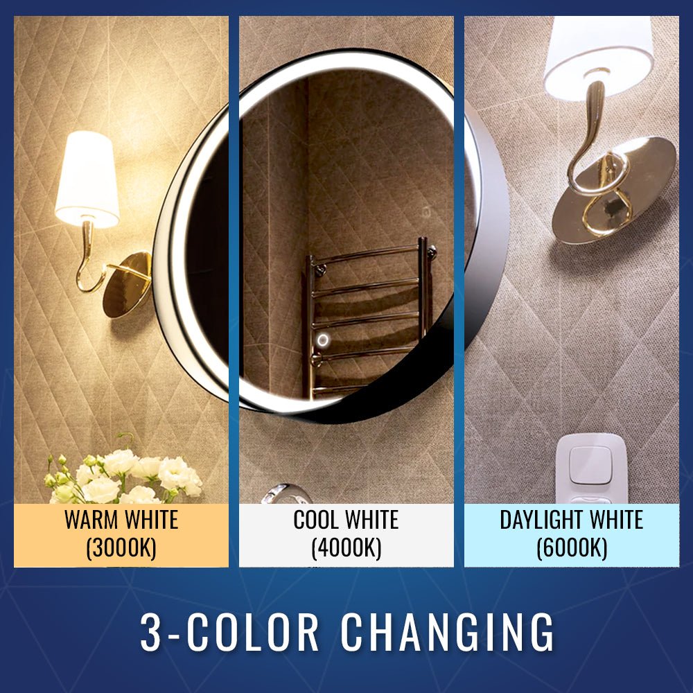 24 Inch Round LED Lighted Bathroom Vanity Mirror with Shelf, Touch Switch, Defogger and CCT Remembrance, CRI 90+, Raven Round Style - LEDMyPlace